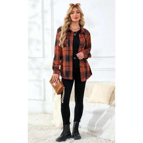 Women's Flannel Shirt Jacket Cotton Long Sleeve Plaid Casual Outerwear - Picture 5 of 7